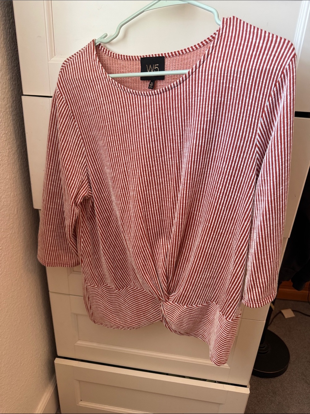W5 Red and White Striped Twist-Hem Long Sleeve Top